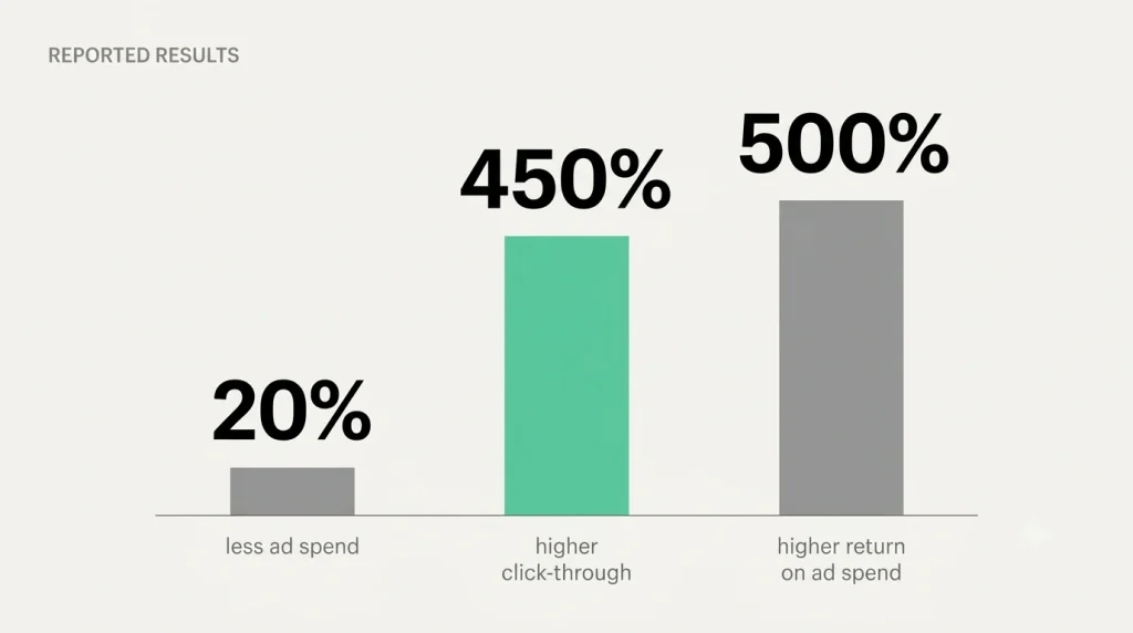 Reported AI marketing results: 20 percent less ad spend, 450 percent higher click-through, 500 percent higher return on ad spend