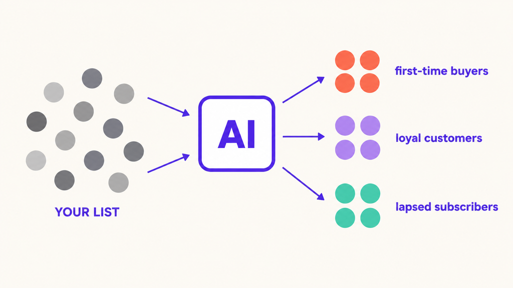 AI sorting a mixed email list into first-time buyers, loyal customers and lapsed subscribers