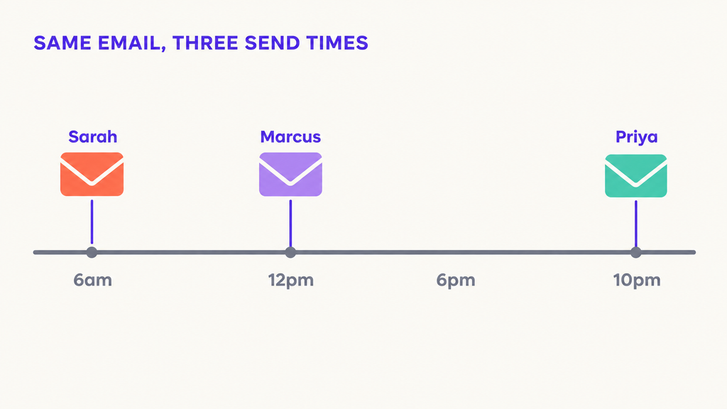 The same email sent at three different times based on when each recipient opens their inbox