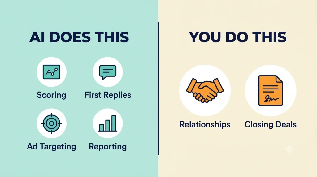 AI handles scoring, first replies, targeting and reporting while you handle relationships and closing