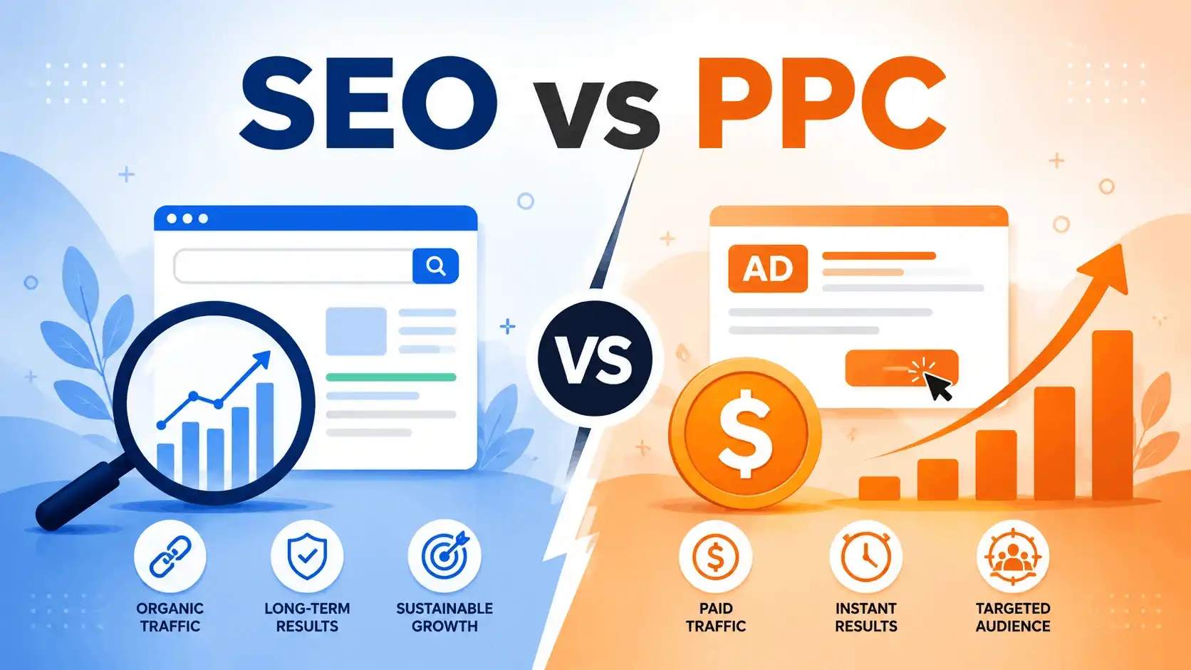 Cover graphic for an article comparing SEO and PPC