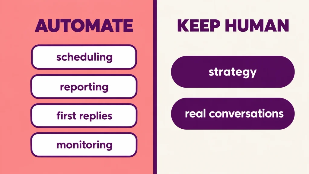 Automate scheduling, reporting, first replies and monitoring while keeping strategy and real conversations human