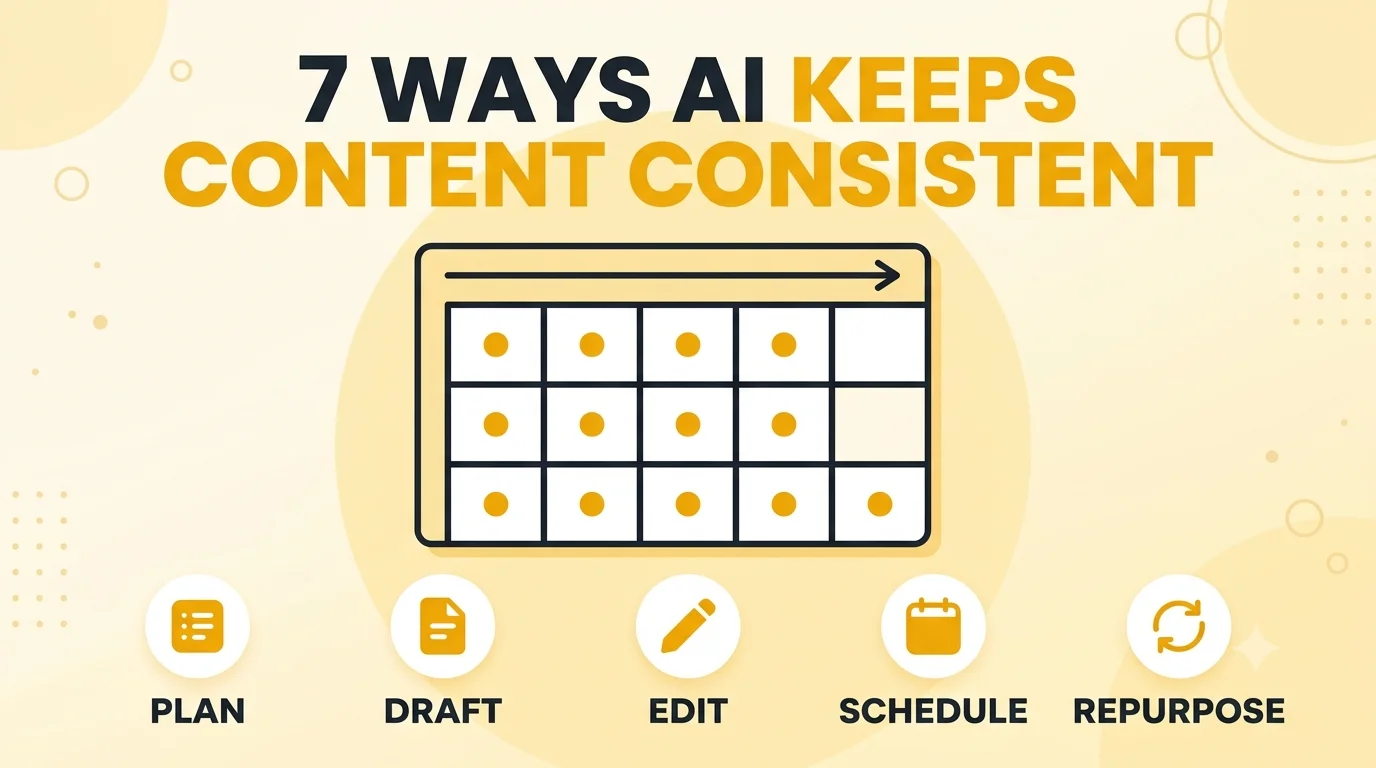 Seven ways AI helps a small business publish content consistently, from planning to repurposing