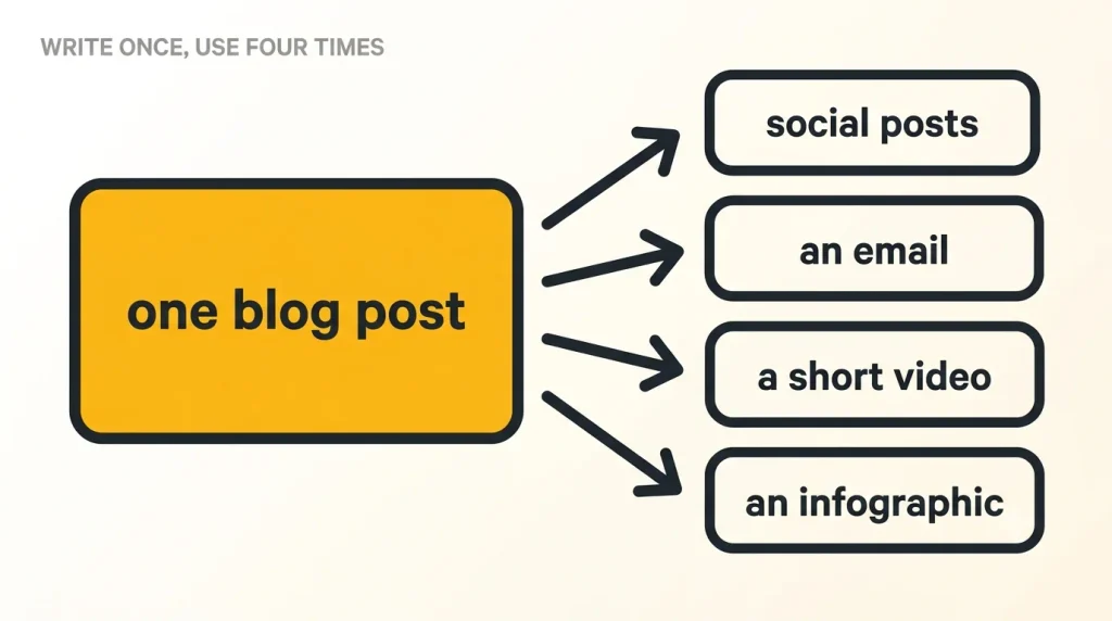 One blog post repurposed into social posts, an email, a short video and an infographic