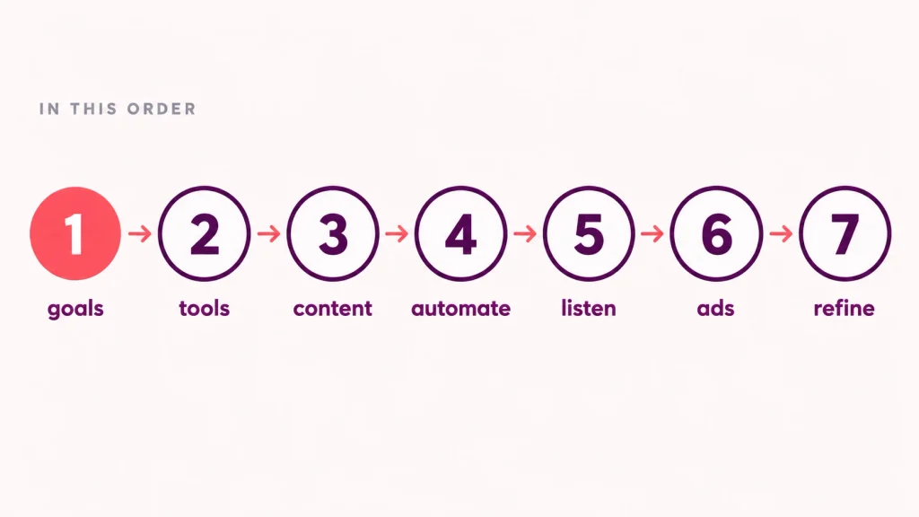 Seven steps in order: set goals, pick tools, create content, automate, listen, optimise ads, refine