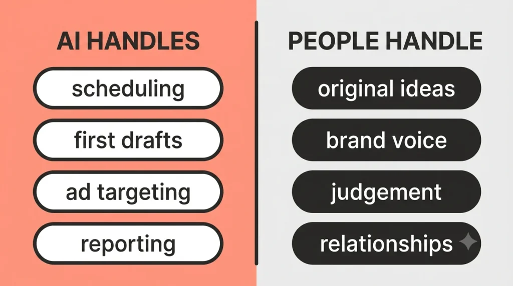 AI handles scheduling, drafts, targeting and reporting while people handle ideas, voice, judgement and relationships