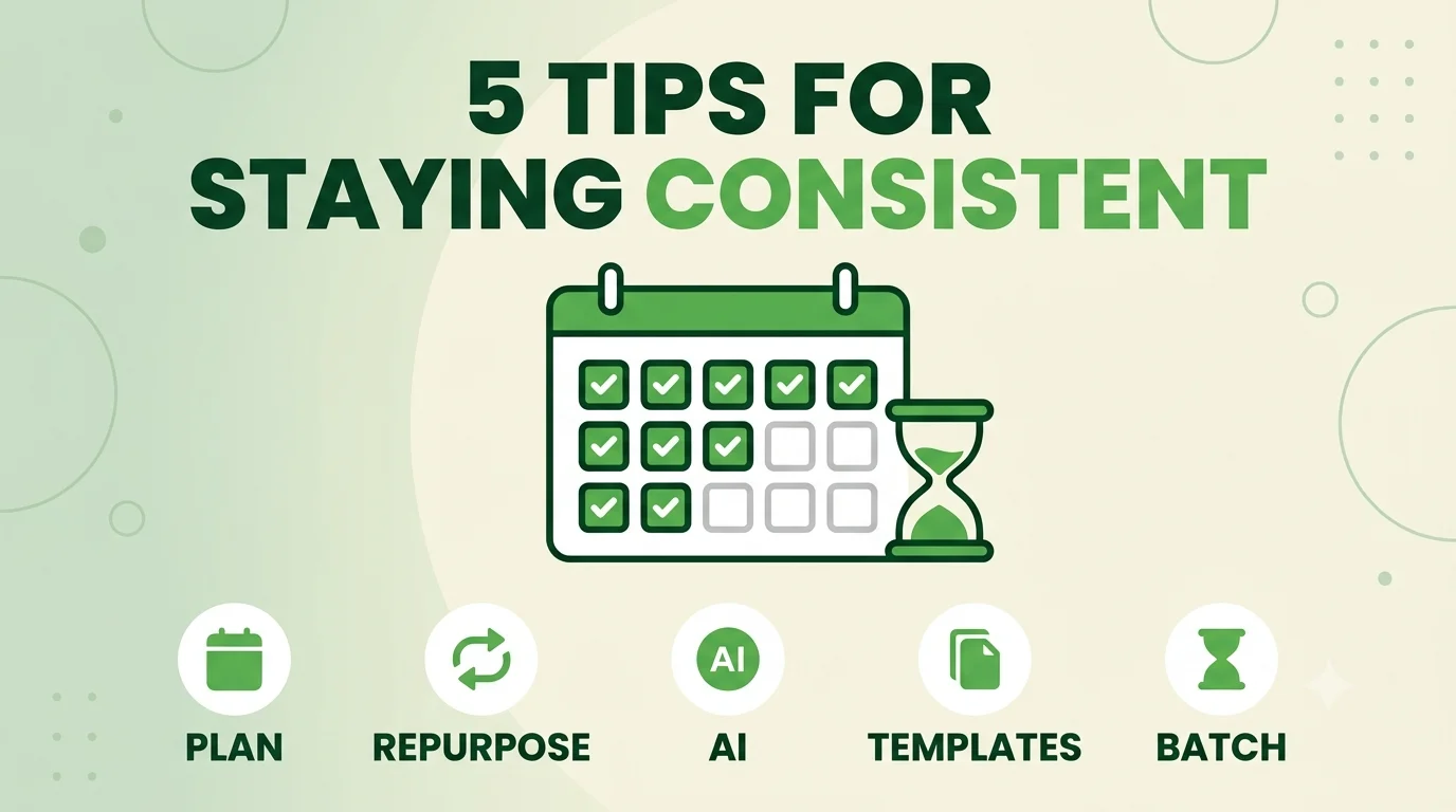 Five ways to publish content consistently when time is short: plan, repurpose, use AI, build templates and batch the work
