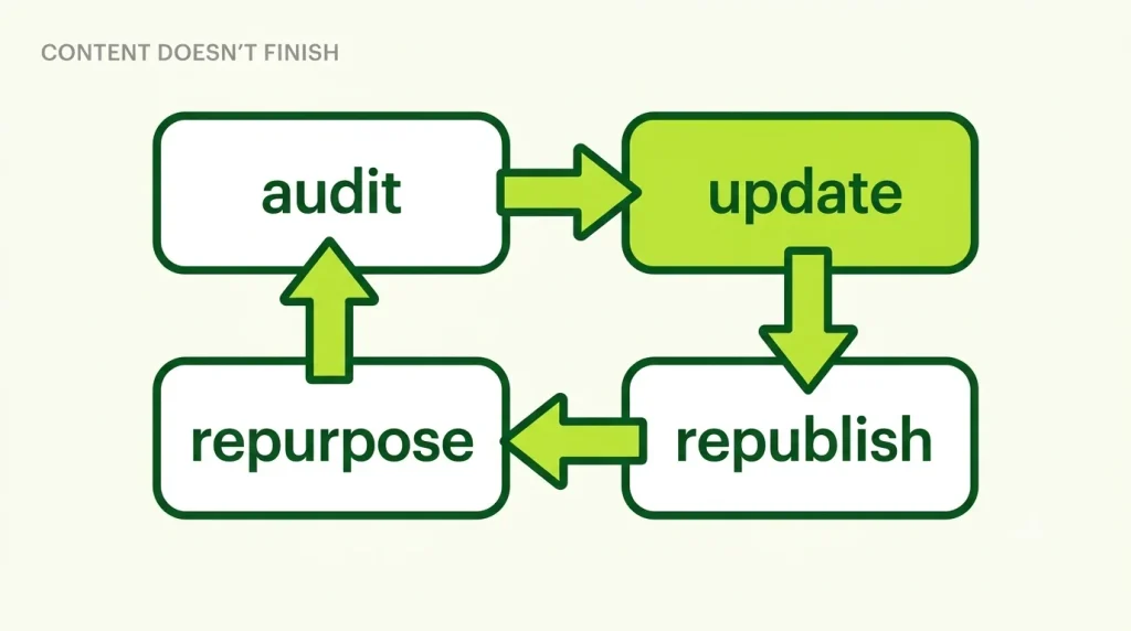 A continuous content cycle running through audit, update, republish and repurpose