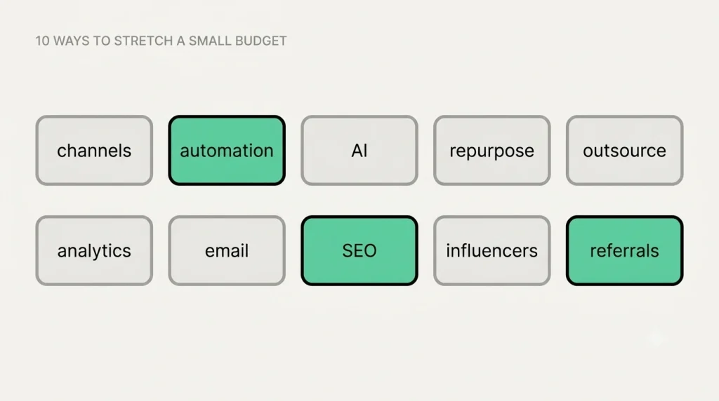 Ten ways to stretch a small marketing budget, with automation, SEO and referrals highlighted