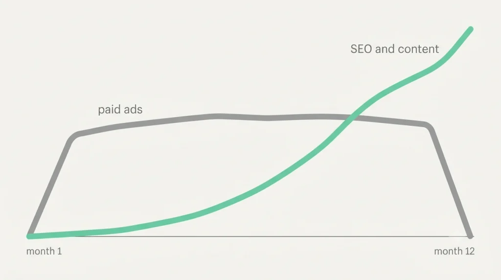 Paid ads deliver quickly then stop, while SEO and content build slowly and keep compounding
