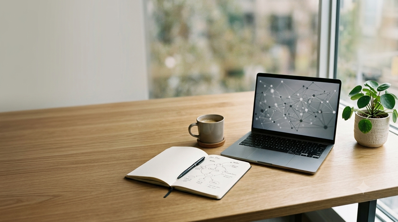 Laptop and notebook on a desk showing an AI agent workflow being planned