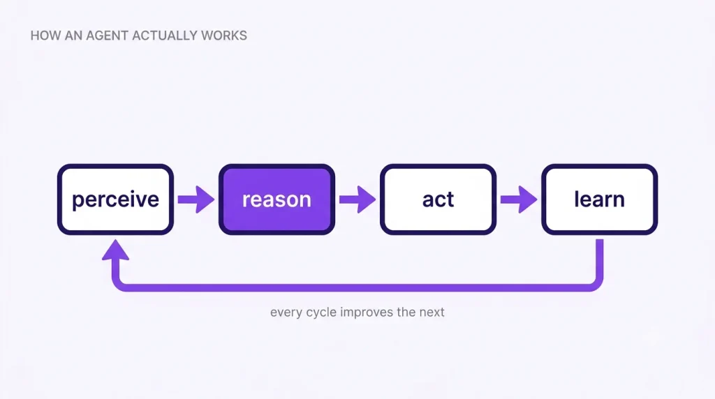 An agent cycle running through perceive, reason, act and learn, feeding back into itself