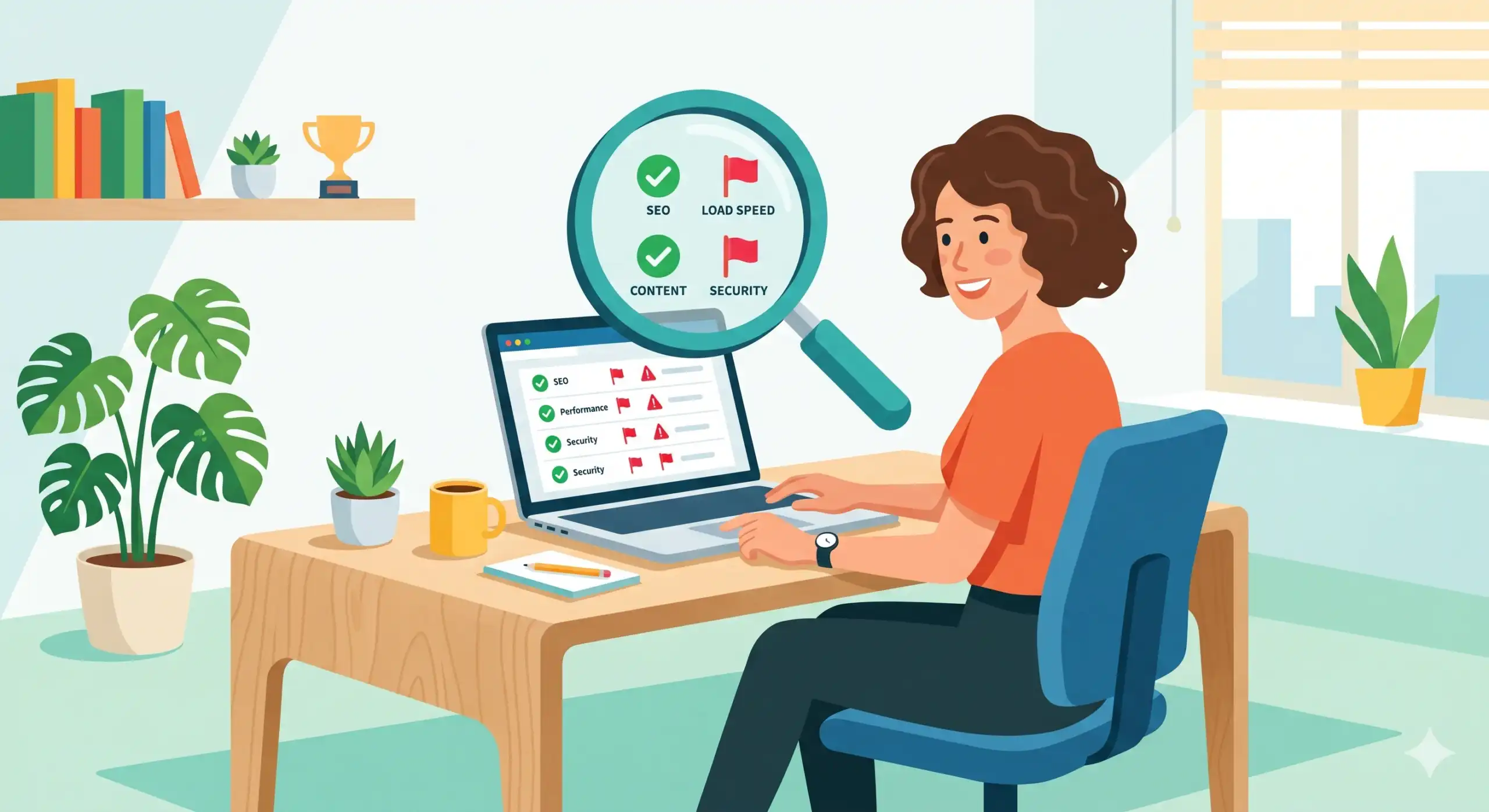Business owner reviewing an SEO audit checklist on a laptop, with passes and red flags for SEO, load speed, content and security