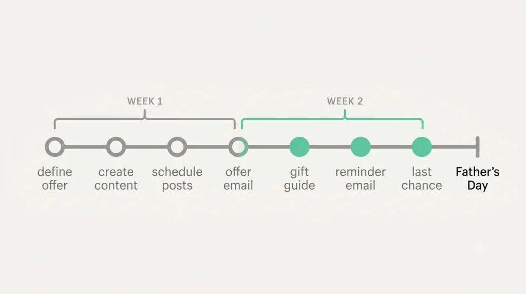 A two-week Father's Day campaign timeline: awareness in week one, conversion in week two