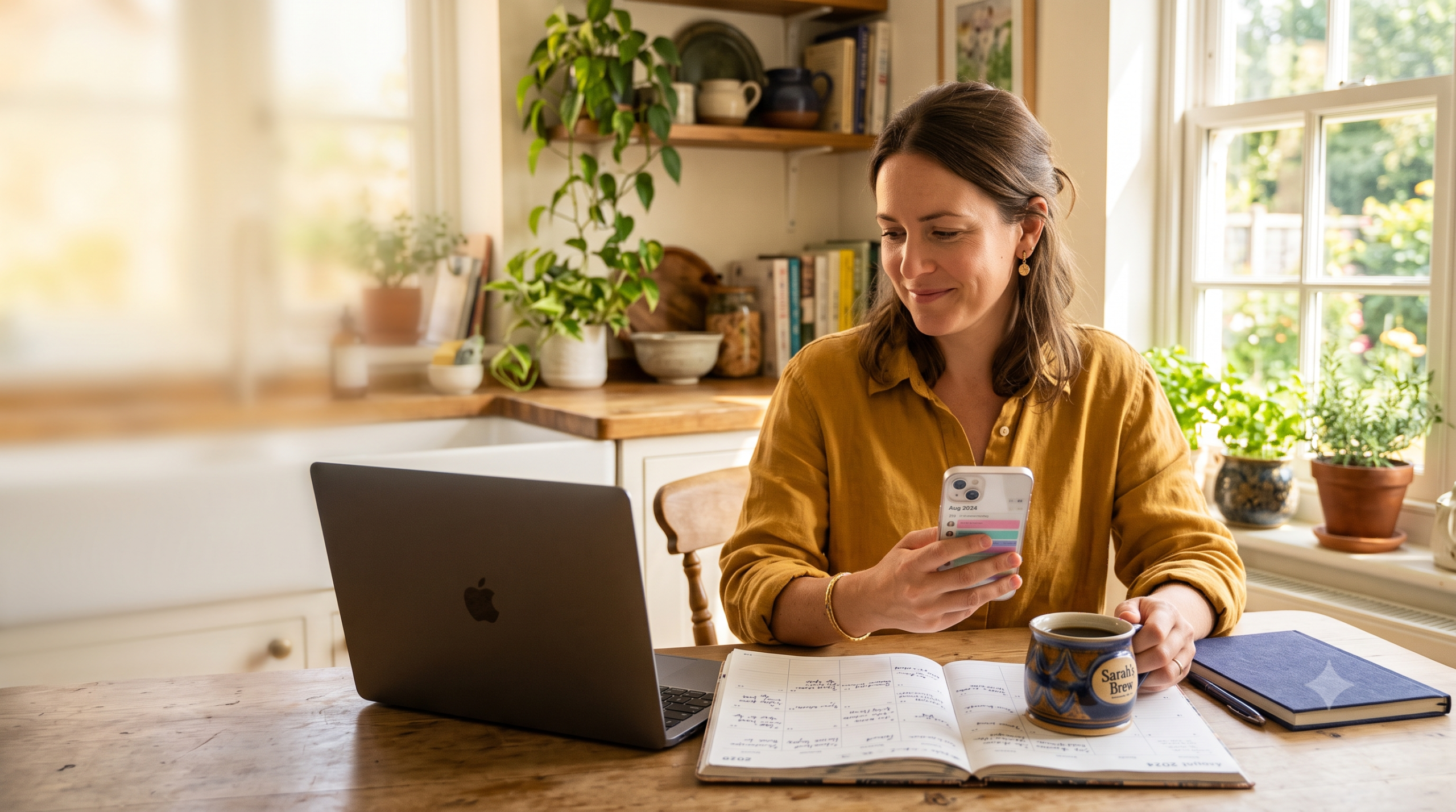 Small business owner reviewing an August social media content calendar