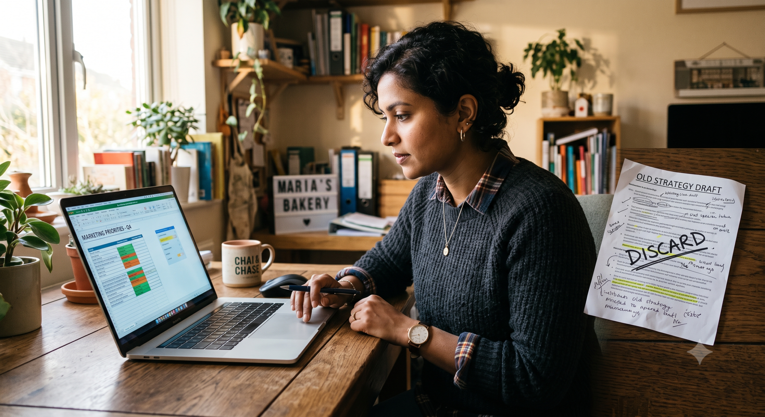 Small business owner reviewing marketing priorities