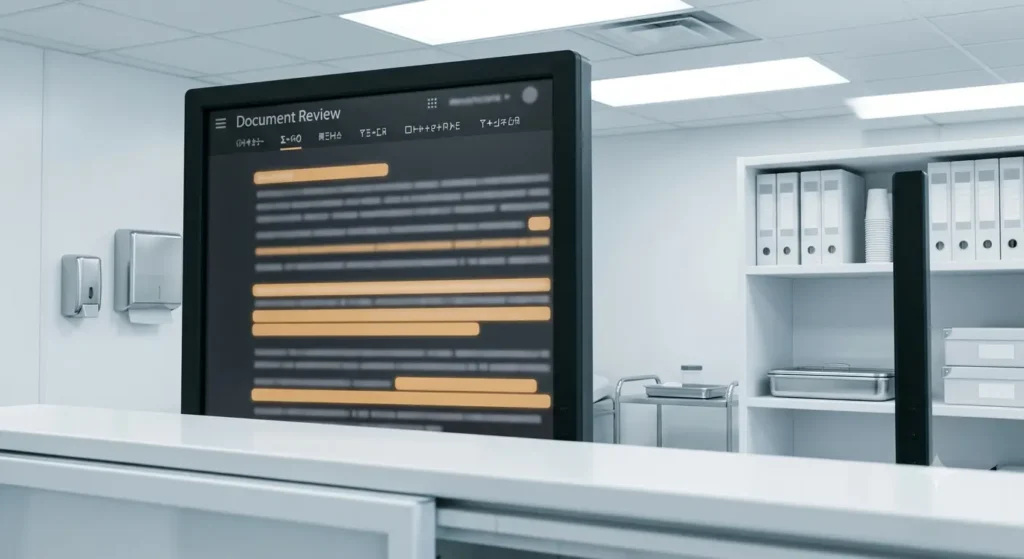 Abstract document-review interface with highlighted line blocks, set beside a section on precise, compliant claims in medical device marketing