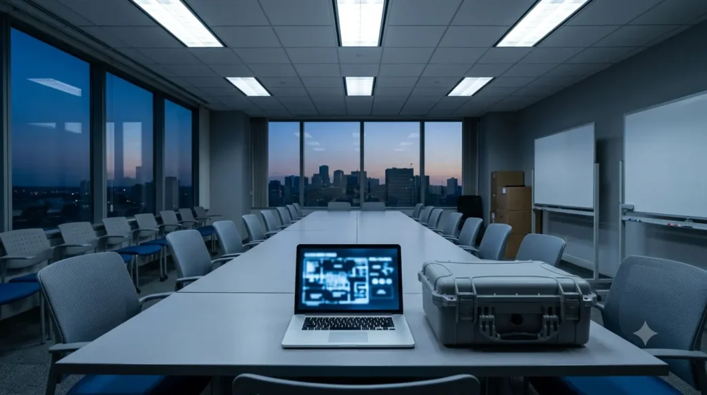 Empty procurement conference room with an unbranded equipment case
