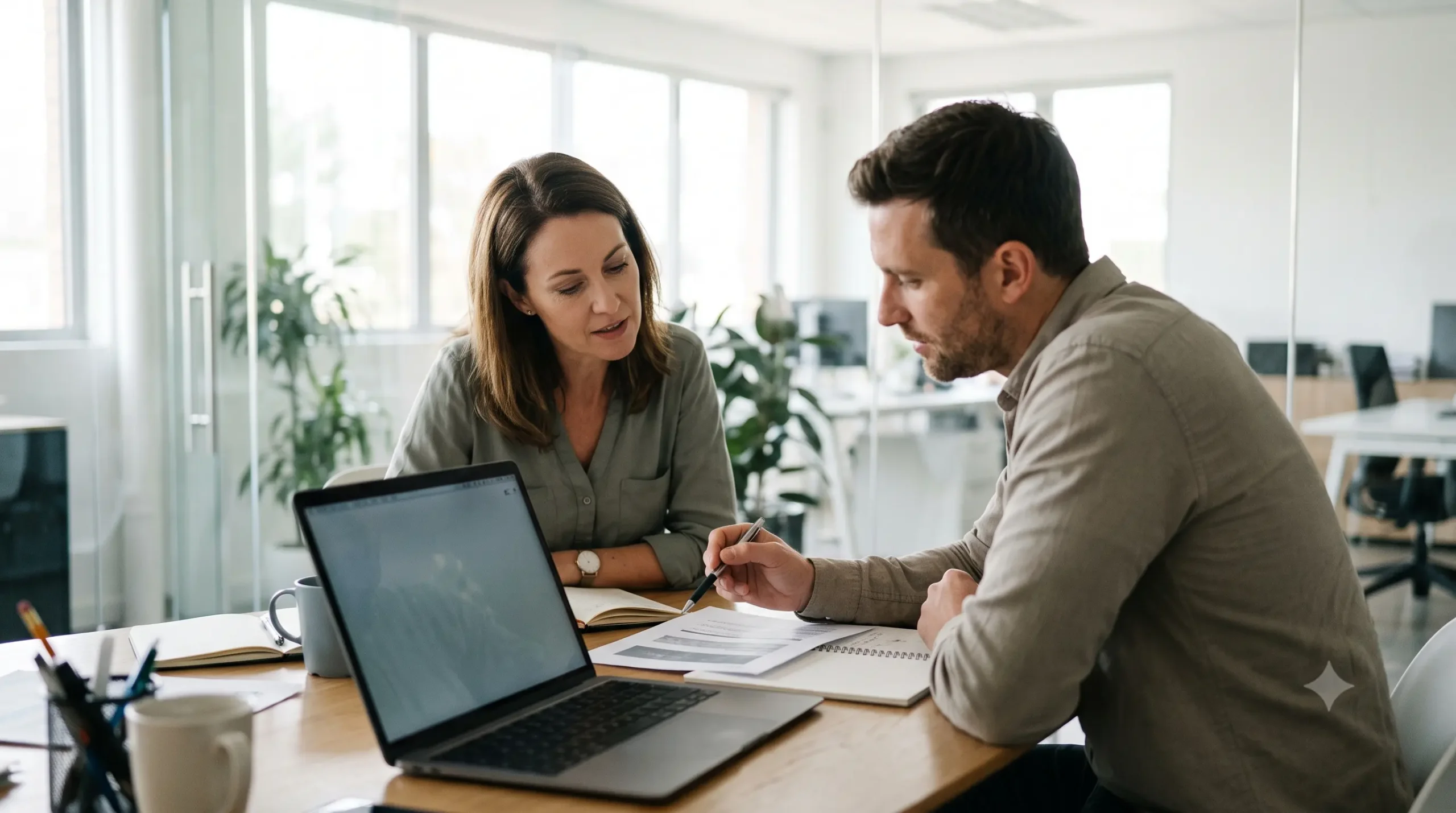 Business owner and marketing strategist reviewing a partnership plan together